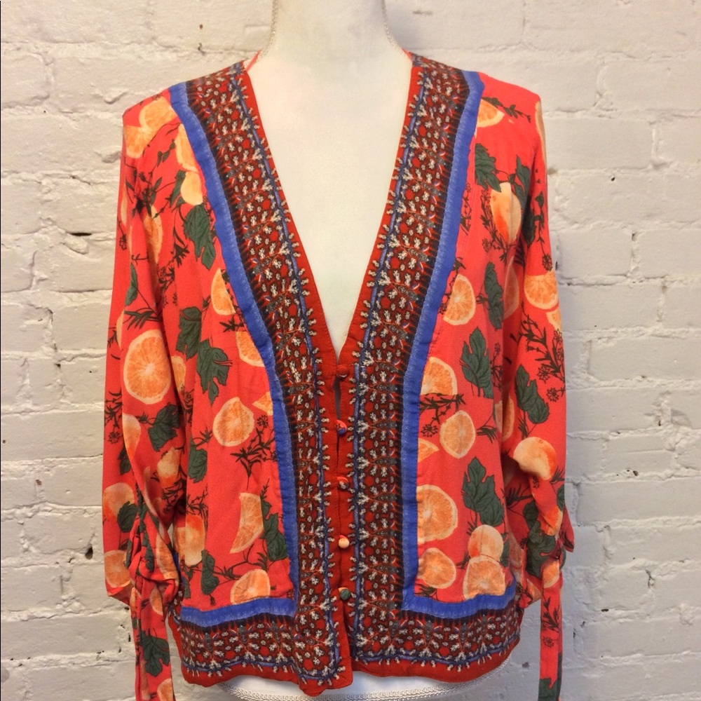 Free People Cropped Blouse Fruit Print Pink Small
